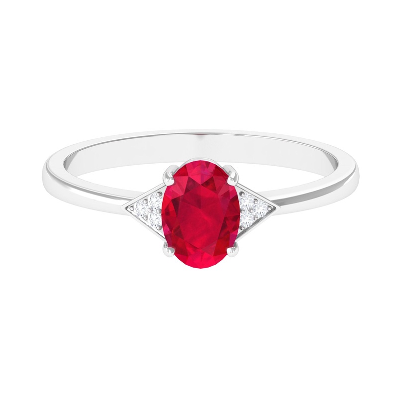 1 CT Oval Created Ruby Solitaire Ring with Diamond Accent
