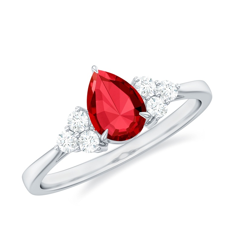 1 CT Pear Shaped Lab Grown Ruby Solitaire Ring with Diamond Trio