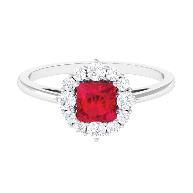 Princess Cut Lab Grown Ruby Ring with Diamond Halo