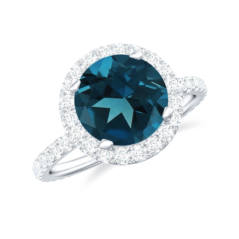 Real London Blue Topaz Halo Engagement Ring with Diamond