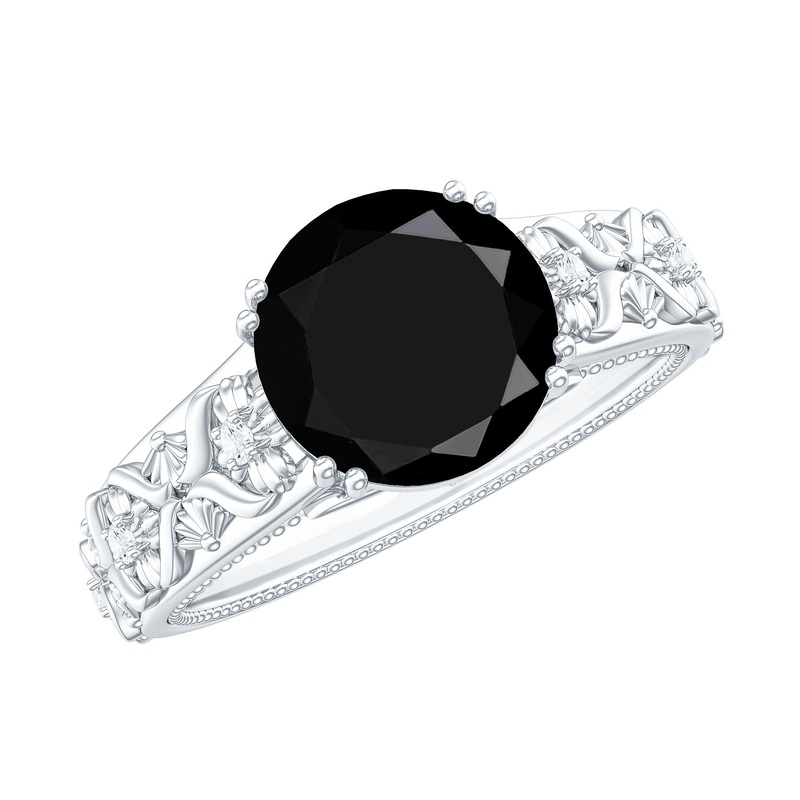 Round Black Onyx Floral Engagement Ring with Diamond