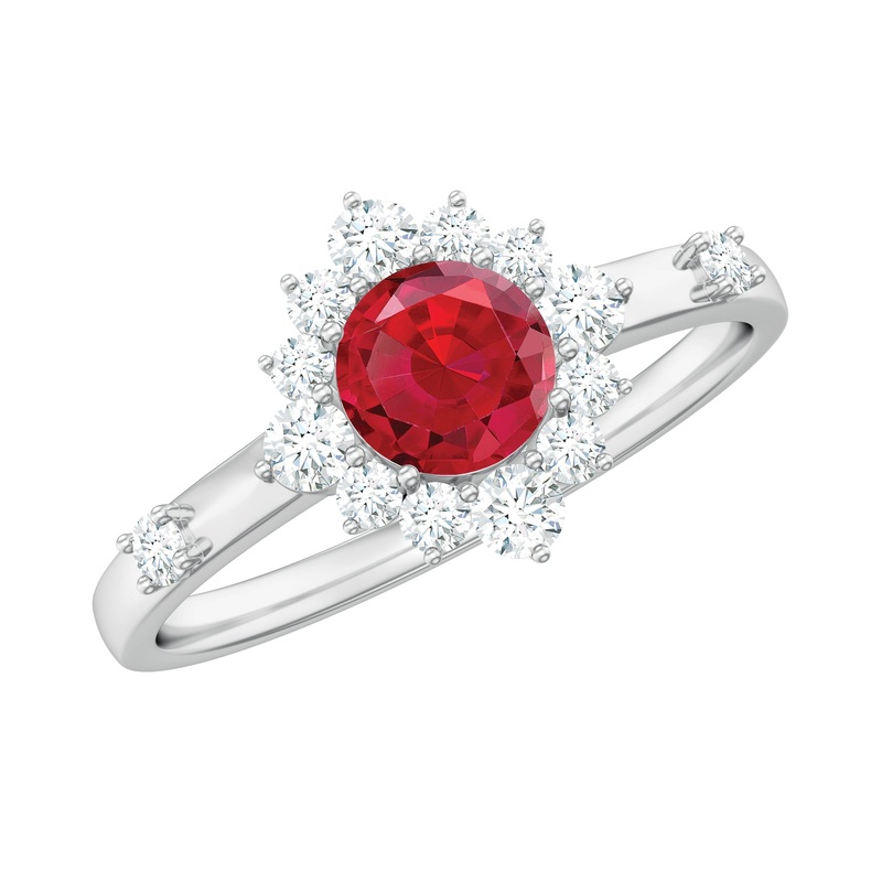 Round Created Ruby Classic Halo Engagement Ring with Diamond