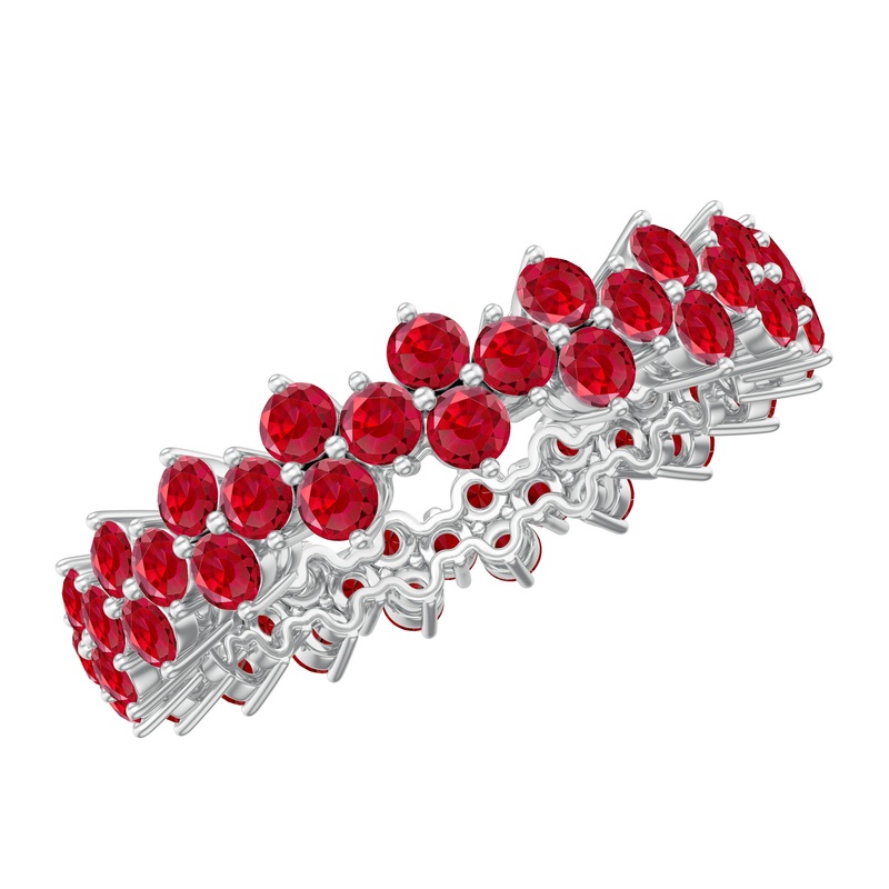 Round Lab Created Ruby Cluster Eternity Ring in Prong Setting