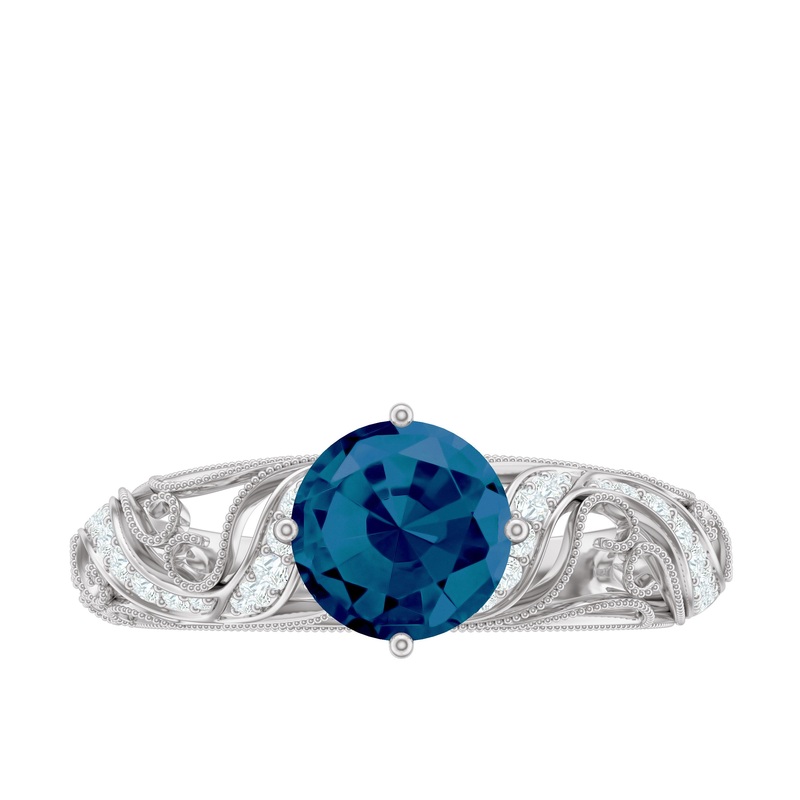 Round London Blue Topaz Vintage Engagement Ring with Diamond