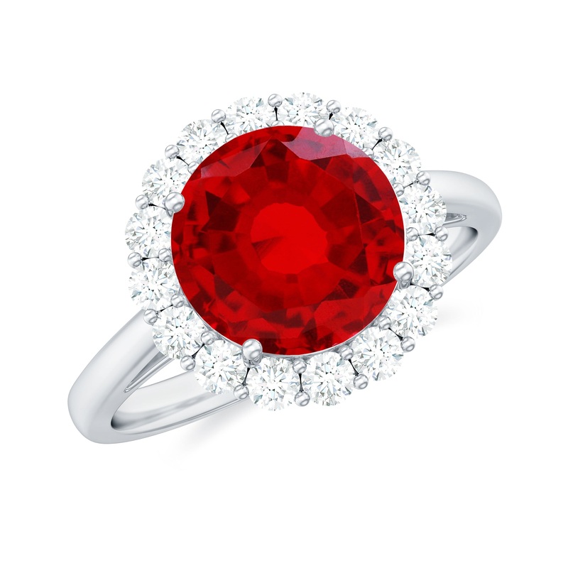 Round Shape Lab-Created Ruby Simple Halo Ring with Diamond