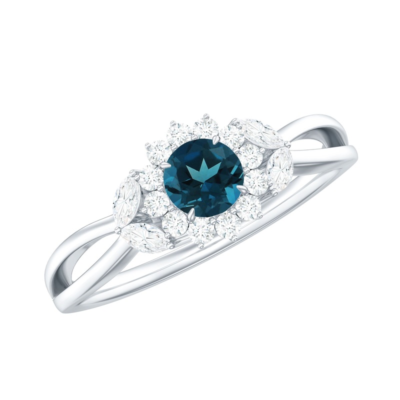 Split Shank London Blue Topaz Flower Engagement Ring with Diamond