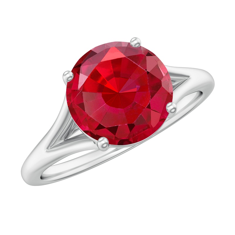Split Shank Round Created Ruby Solitaire Ring with Surprise Diamond