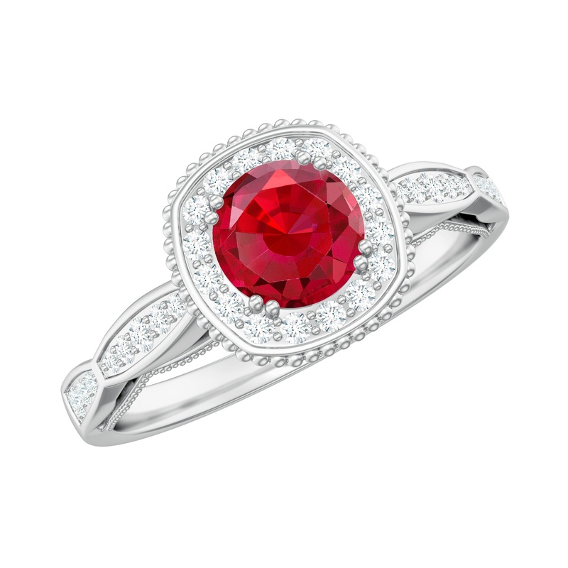 Vintage Inspired Round Created Ruby Engagement Ring with Diamond Halo