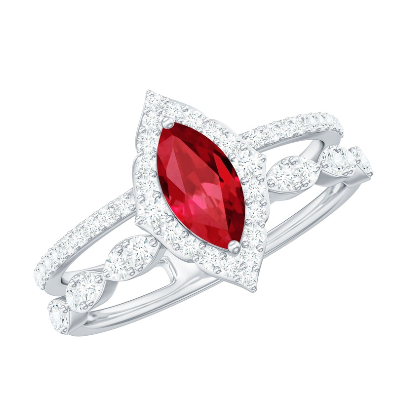 Vintage Style Created Ruby and Diamond Wedding Double Band Ring