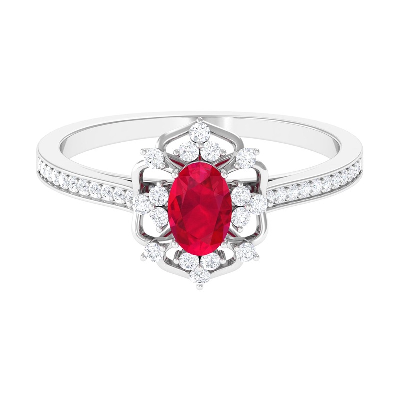Vintage Style Lab-Created Ruby and Diamond Flower Engagement Ring