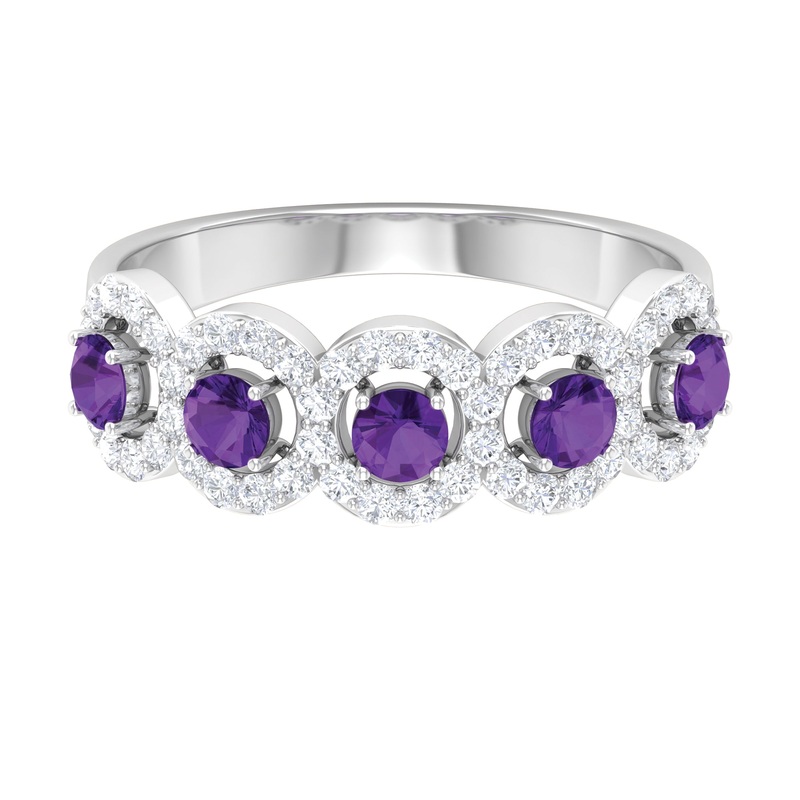 1.25 CT Classic Amethyst Half Eternity Band Ring with Diamond Halo