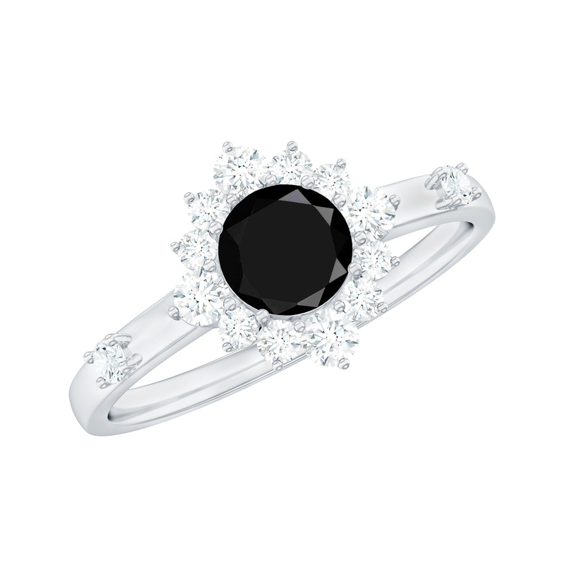1 CT Round Black Spinel and Diamond Halo Engagement Ring