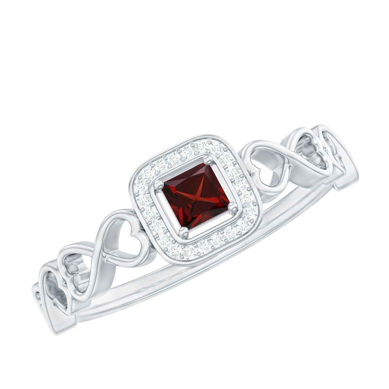 Princess Cut Garnet and Diamond Infinity Heart Engagement Ring