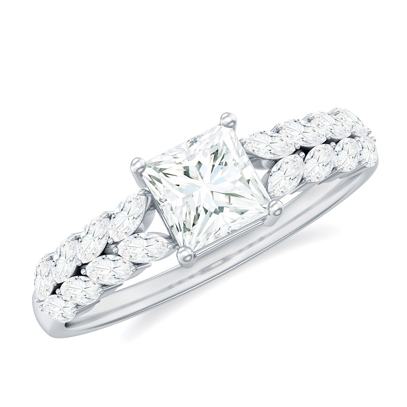 Princess Cut Moissanite Engagement Ring with Marquise Side Stones