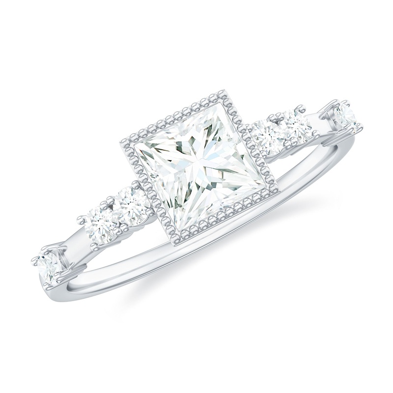 Princess Cut Moissanite Solitaire Engagement Ring in Beaded Bezel Setting