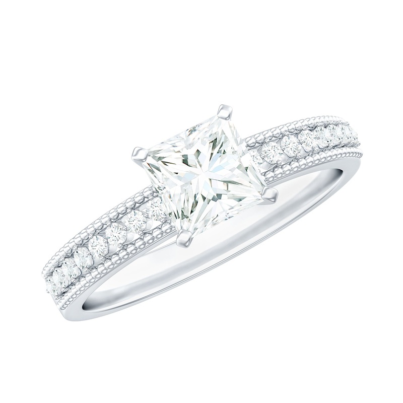 Princess Cut Moissanite Solitaire Engagement Ring with Gold Beaded