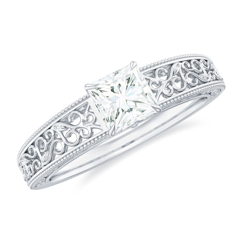Princess Cut Solitaire Moissanite Filigree Gold Engagement Ring