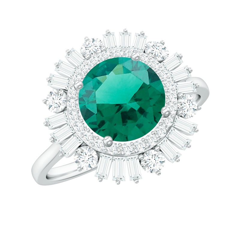 Round Created Emerald Cocktail Ring with Moissanite Double Halo