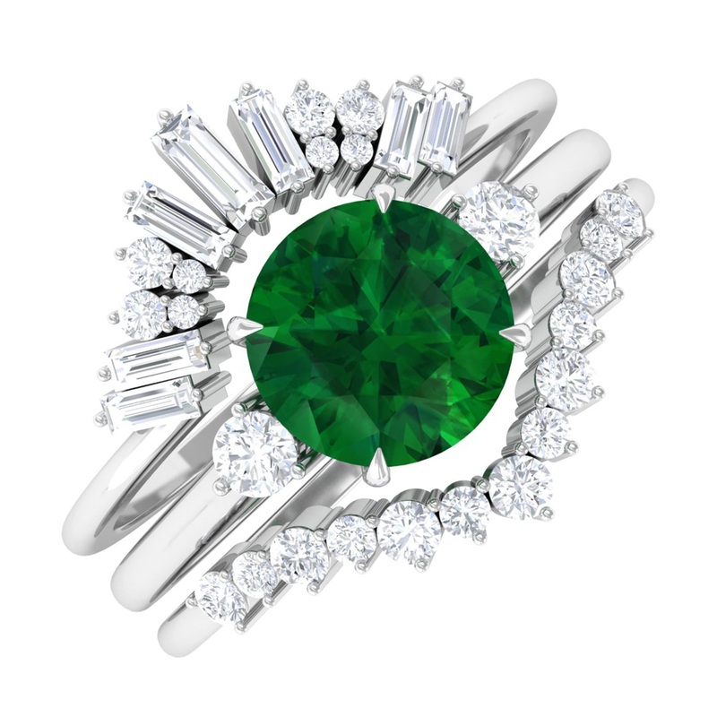 Round Created Emerald Designer Trio Wedding Ring Set with Diamond