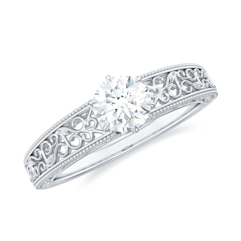 Round Cut Solitaire Moissanite Filigree Gold Engagement Ring
