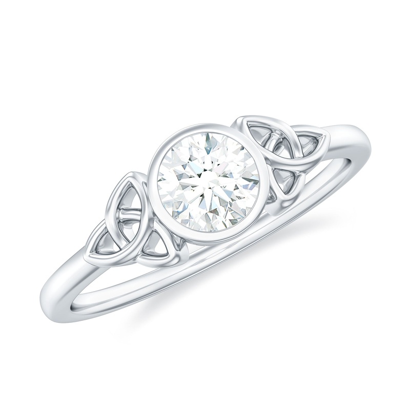 Round Moissanite Solitaire Celtic Knot Ring in Bezel Setting