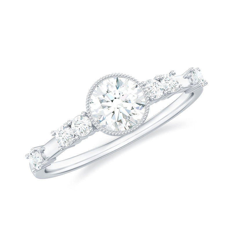 Round Moissanite Solitaire Engagement Ring in Beaded Bezel Setting