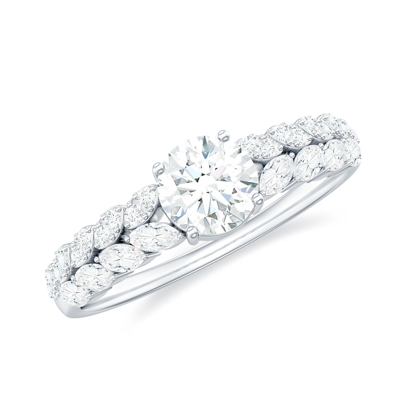 Round Shape Moissanite Engagement Ring with Marquise Side Stones