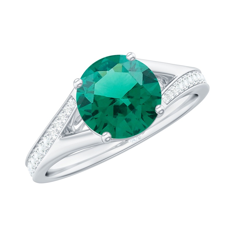 Split Shank Created Emerald Solitaire Ring with Diamond
