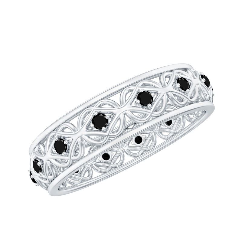 Vintage Inspired Black Spinel Celtic Knot Eternity Band Ring in Gold