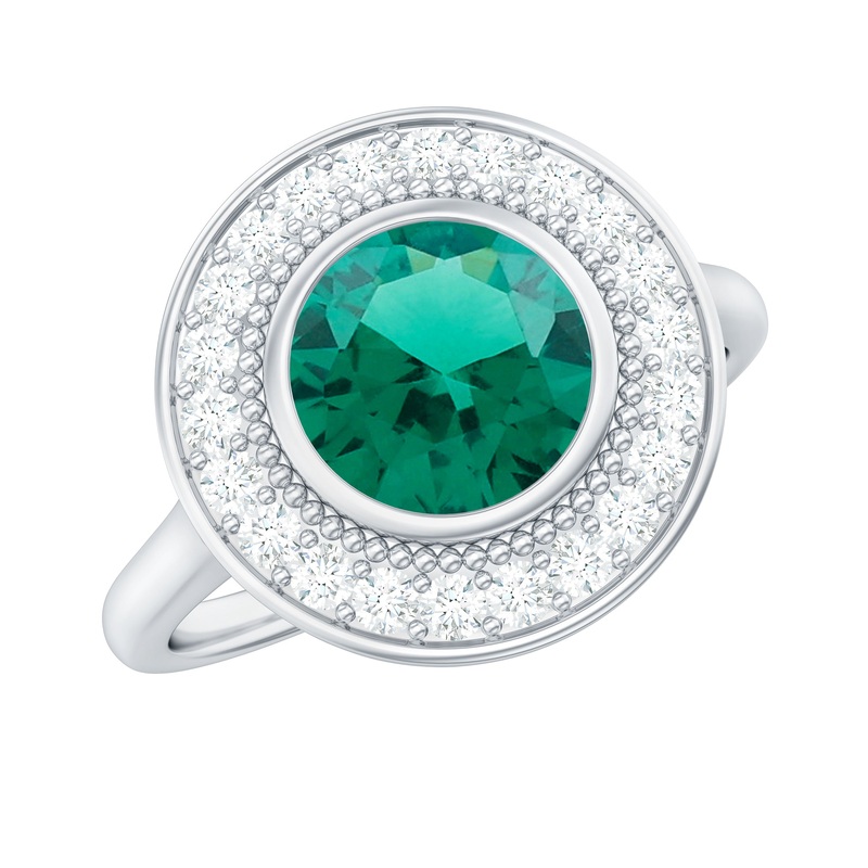 Vintage Style Lab Grown Emerald Engagement Ring With Moissanite Halo