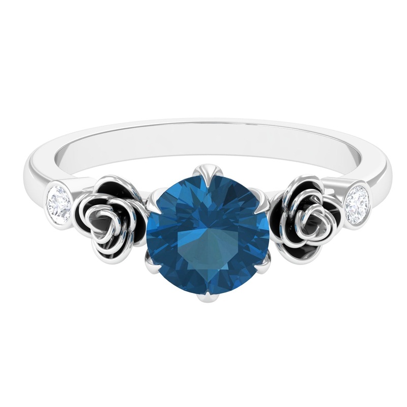 1.5 CT Solitaire London Blue Topaz Flower Ring with Diamond