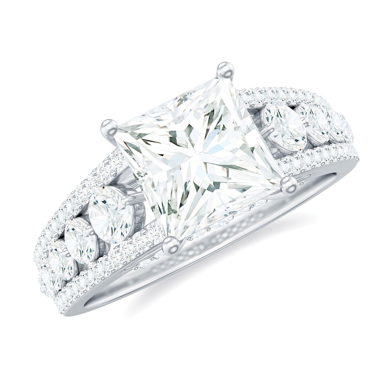 Princess Cut Moissanite Gold Solitaire Engagement Ring with Side Stones