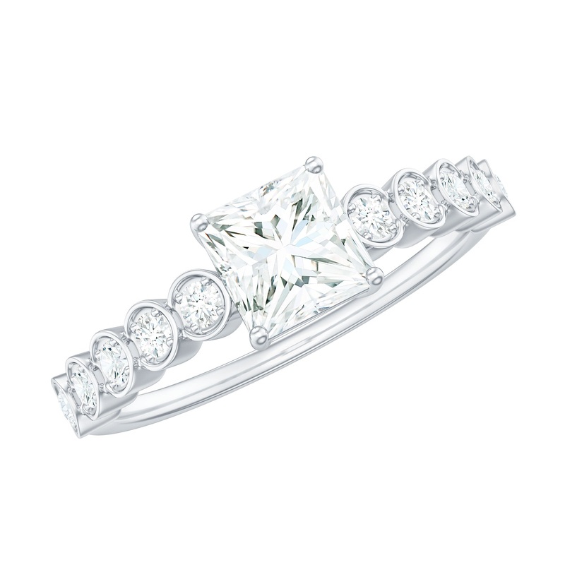Princess Cut Moissanite Solitaire Ring with Side Stones