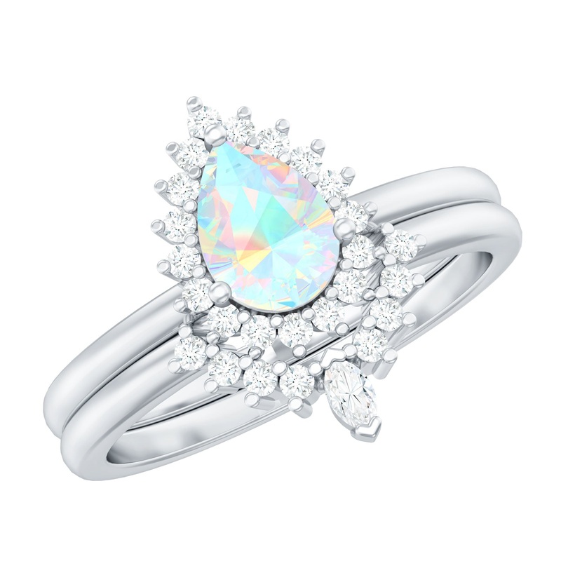 Real Rainbow Opal Bridal Ring Set with Diamond Halo