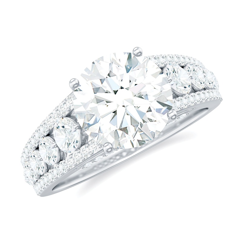Round Shape Moissanite Solitaire Engagement Ring with Side Stones