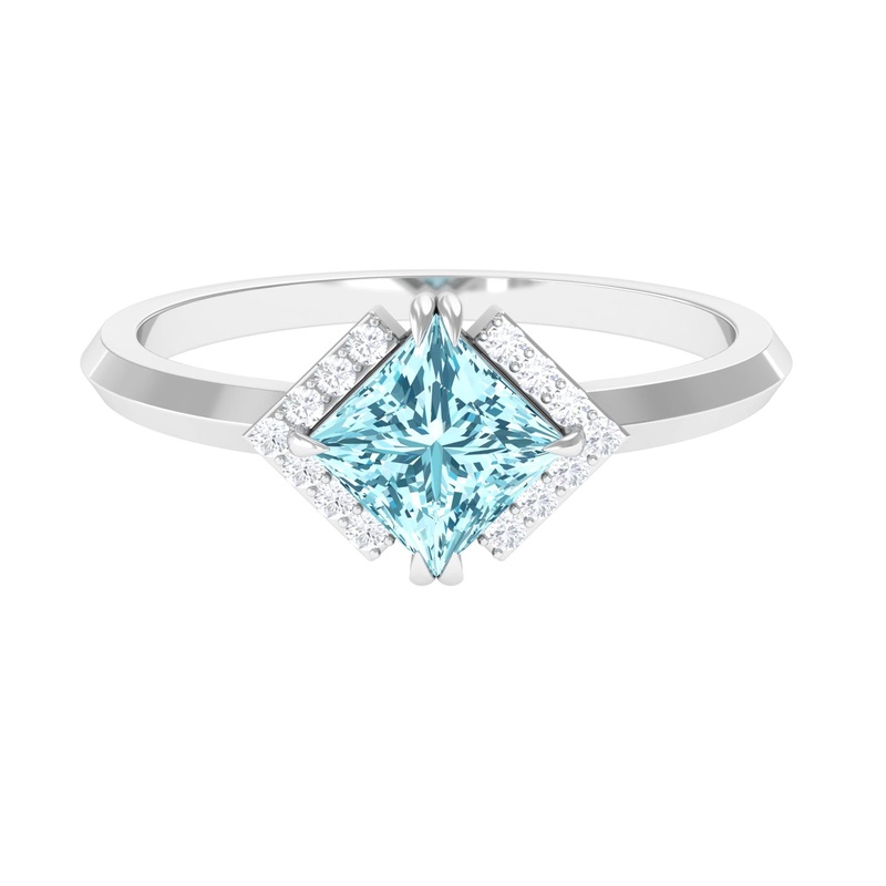 0.75 CT Princess Cut Aquamarine Simple Engagement Ring with Diamond