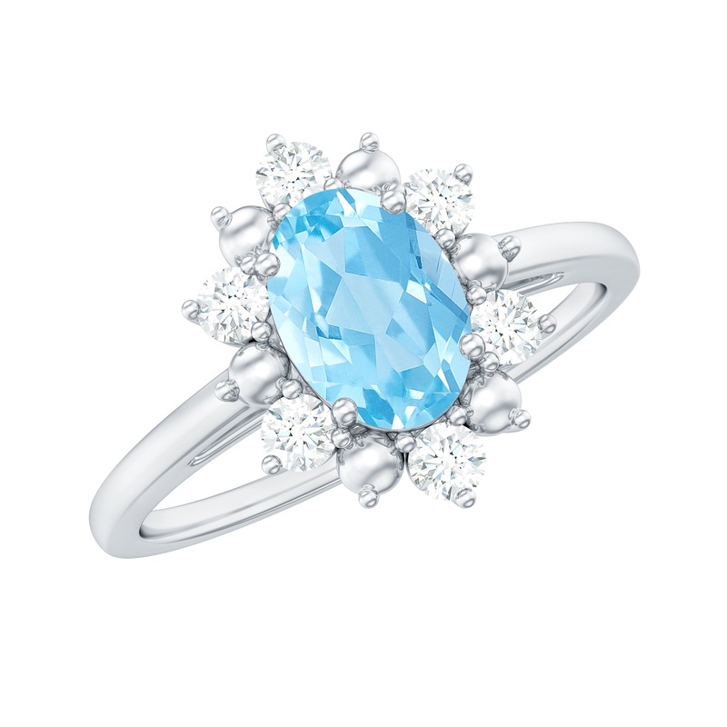 1.50 CT Oval Cut Aquamarine Floral Ring with Diamond Halo