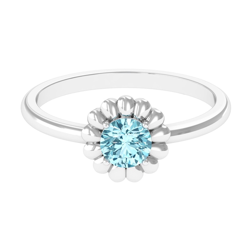 Round Cut Solitaire Aquamarine Flower Ring