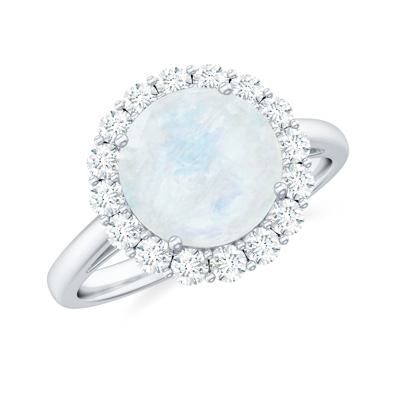 Round Moonstone Simple Halo Engagement Ring with Diamond