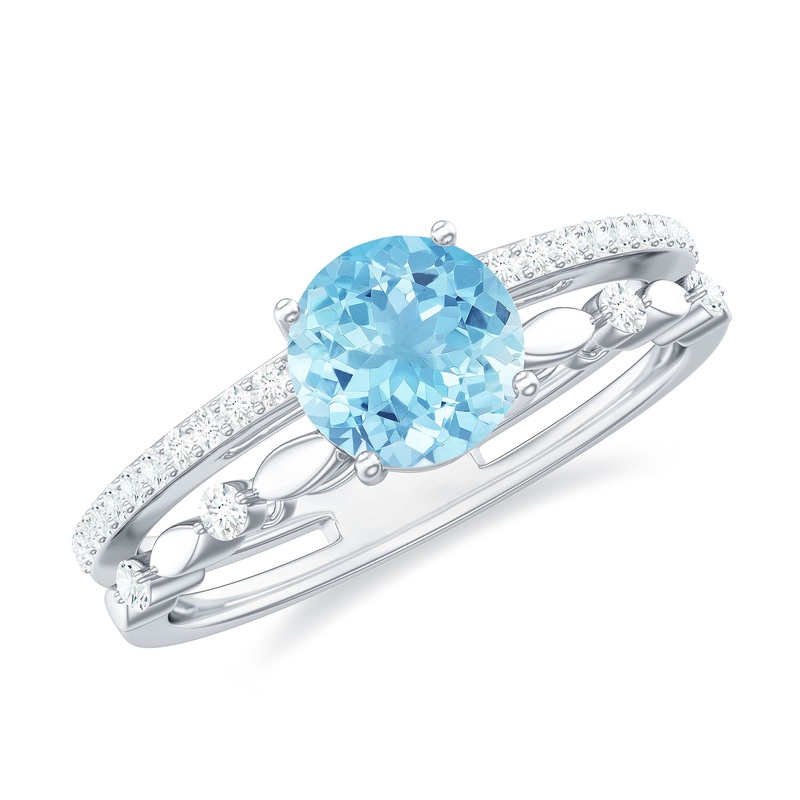 Solitaire Aquamarine and Diamond Double Band Ring