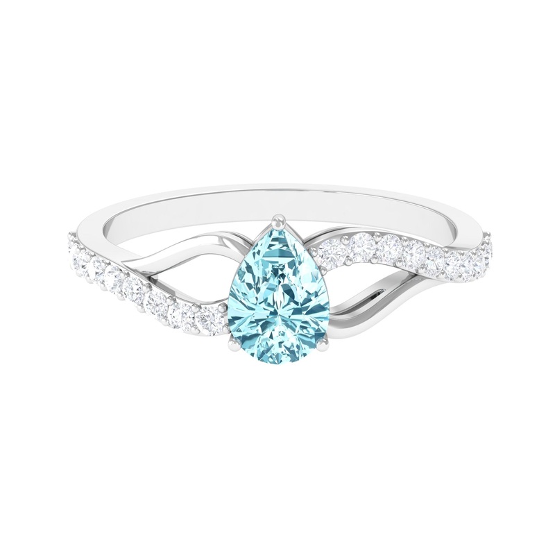 Split Shank Pear Cut Aquamarine Solitaire Ring with Diamond