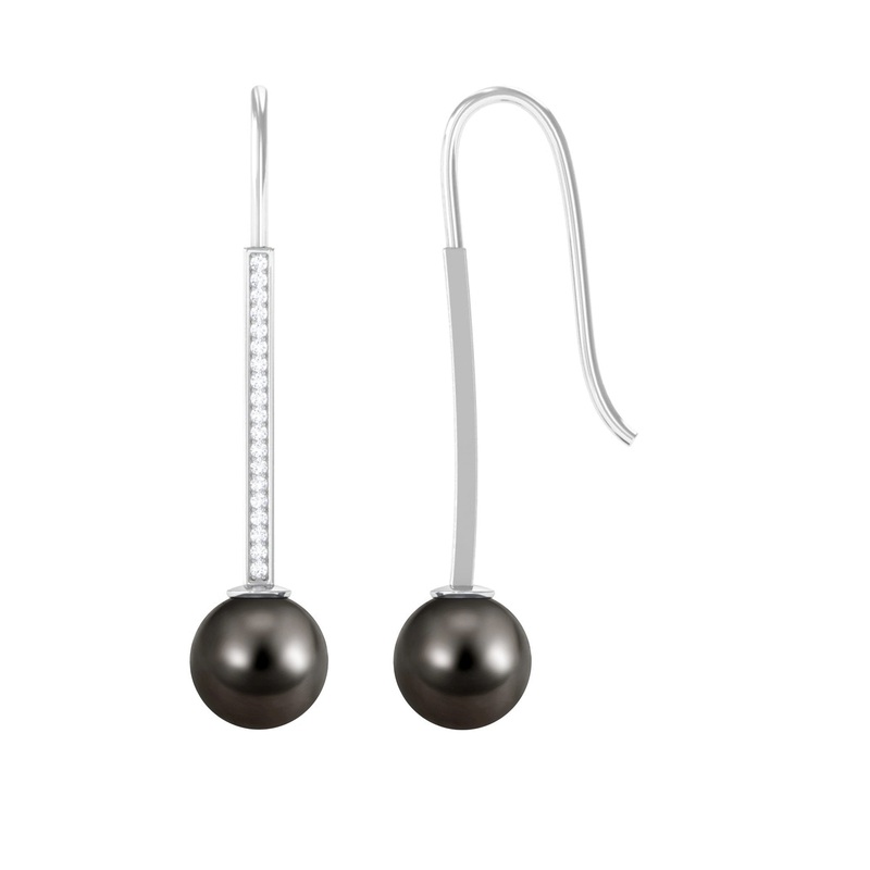 Tahitian Pearl and Diamond Accent Bar Drop Earrings with Fish Hook Backing