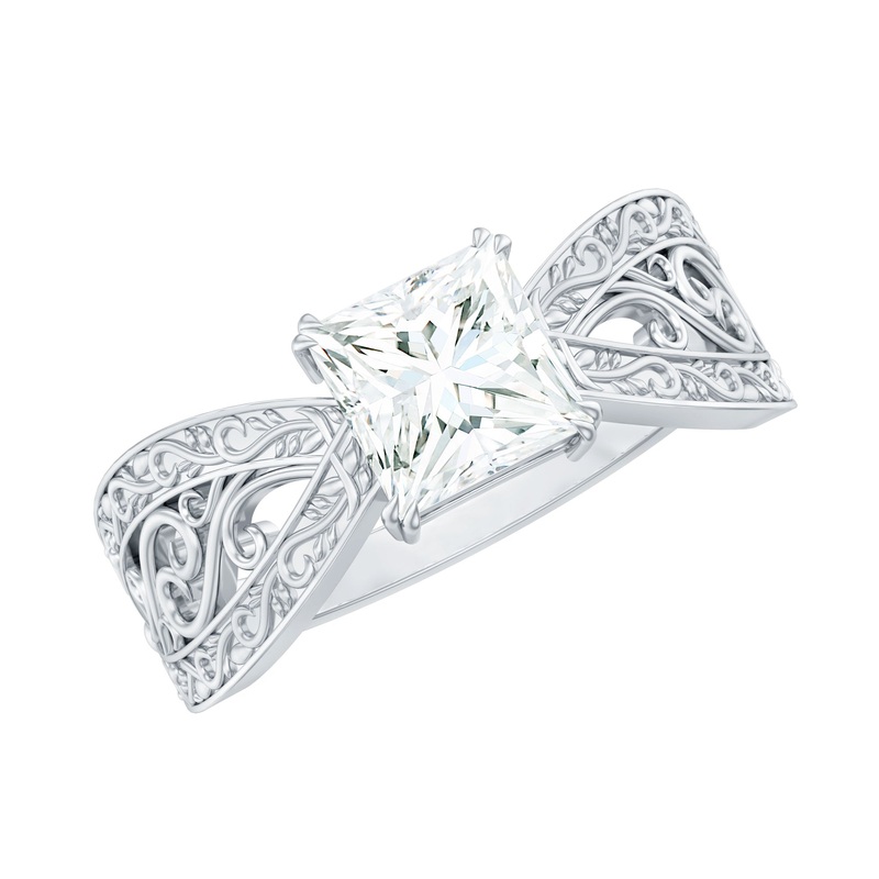 Vintage Inspired Princess Cut Moissanite Solitaire Engagement Ring