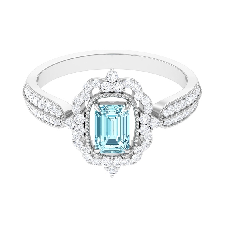 Vintage Style Octagon Aquamarine Engagement Ring with Diamond Floral Halo