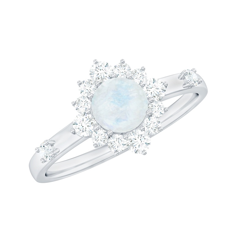 1 CT Round Moonstone and Diamond Halo Engagement Ring