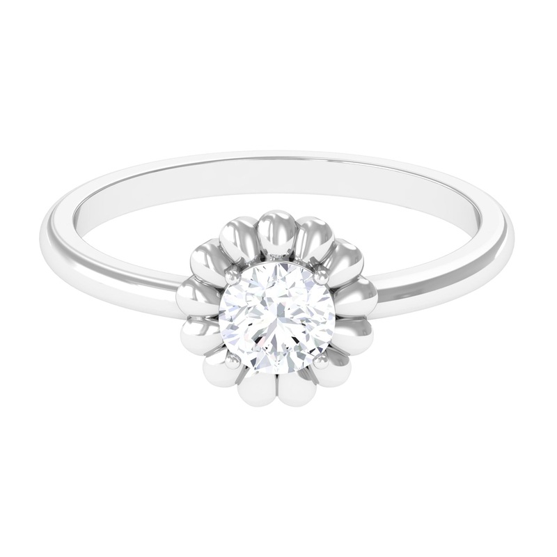 Round Moissanite Solitaire Floral Ring in Prong Setting