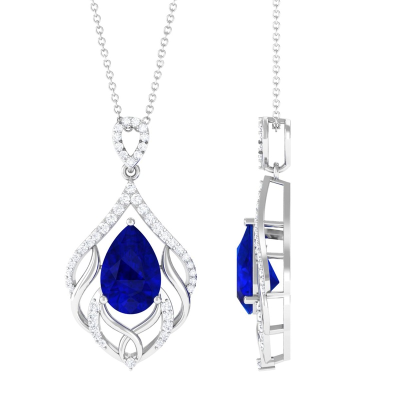 Vintage Inspired Lab Grown Blue Sapphire Designer Necklace with Diamond