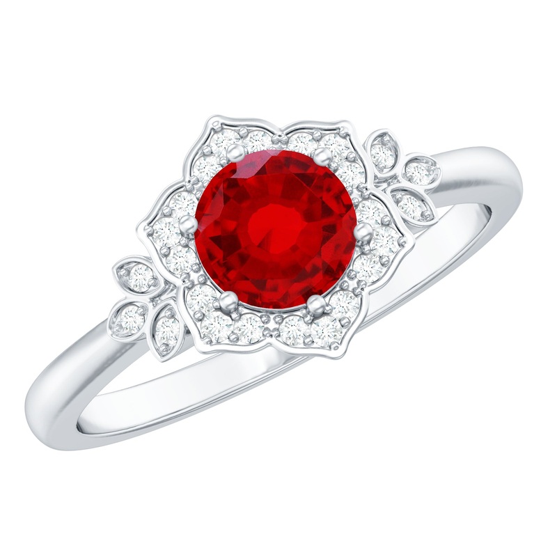 Vintage Inspired Lab Grown Ruby Engagement Ring with Diamond Accent
