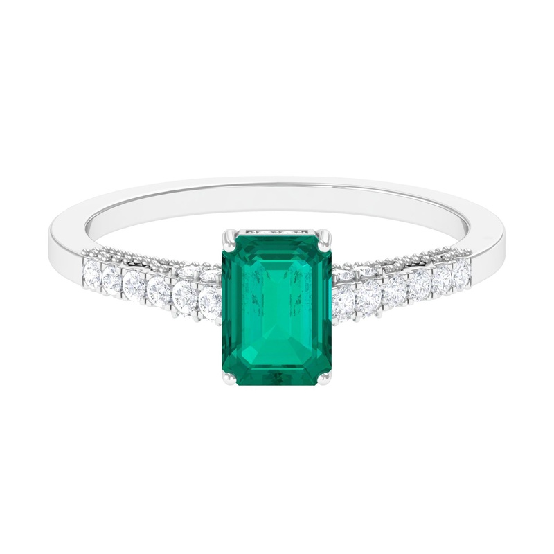 1 CT Octagon shape Emerald Classic Engagement Ring with Diamond Side Stones