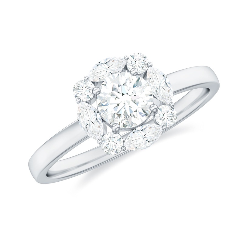 1 CT Round and Marquise Moissanite Minimal Engagement Ring in Prong Setting